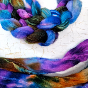 Shetland wool & tussah silk top - Hand dyed braids - 100g (3.5oz) - BLUEBERRIES
