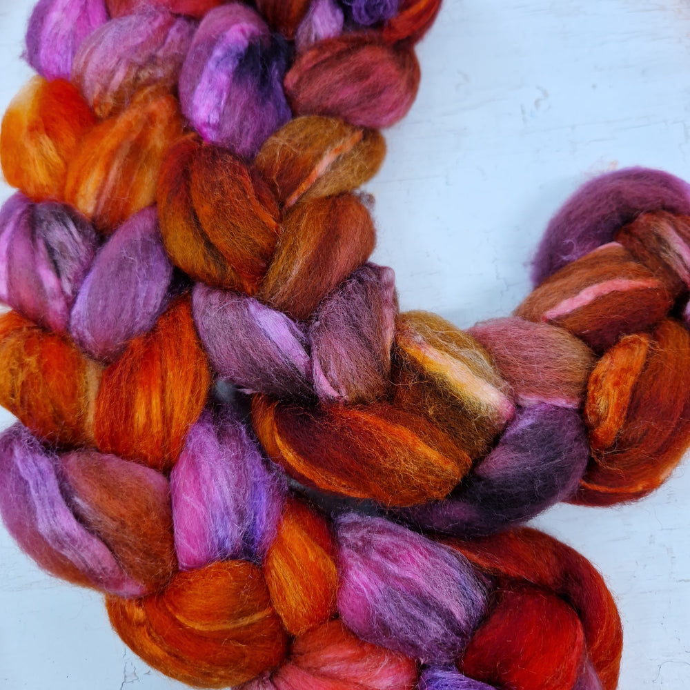 MISHAP (Dragon Kisses) - Bluefaced Leicester & tussah silk wool top combo - Hand dyed spinning wool - 100g (3.5oz)