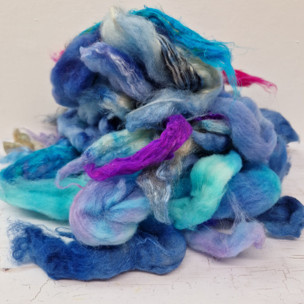 Blue Aqua Batt Food - hand dyed fibre scraps for carding, felting, and spinning. 130g (4.5oz)