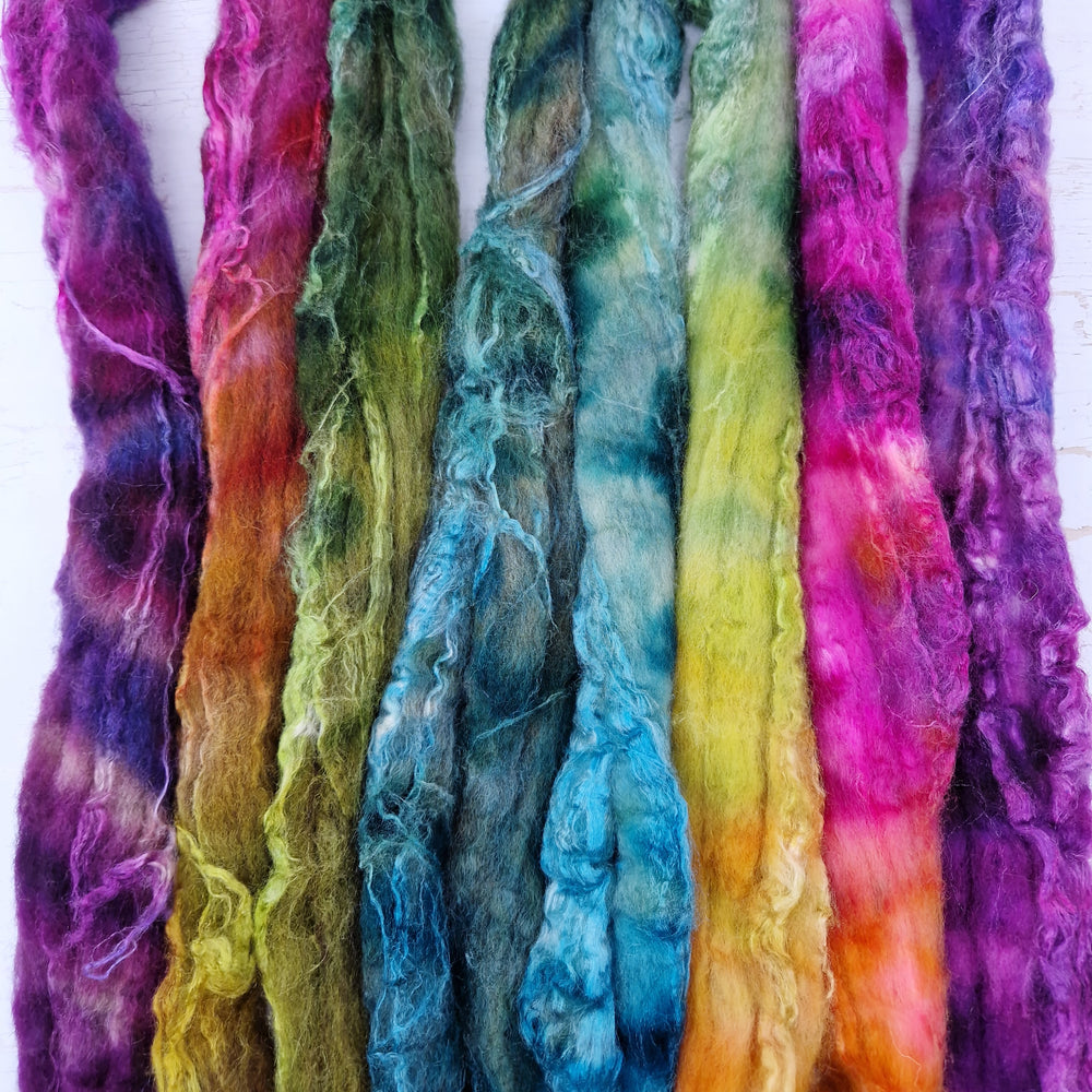 SPELLBOUND Bluefaced Leicester & tussah silk wool top combo - white and brown - Hand dyed braids - 100g (3.5oz)