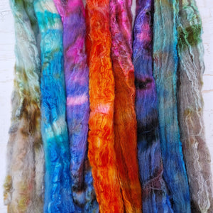 MYSTICAL Bluefaced Leicester & tussah silk wool top combo - white and brown - Hand dyed braids - 100g (3.5oz)