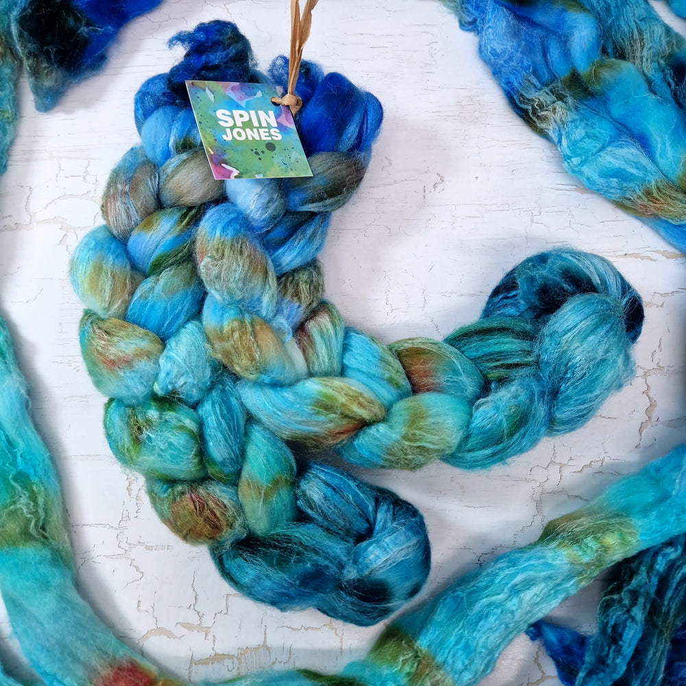 Merino and tussah silk wool top - Hand dyed - 100g (3.5oz) - Leftovers TURQUOISE BLUE